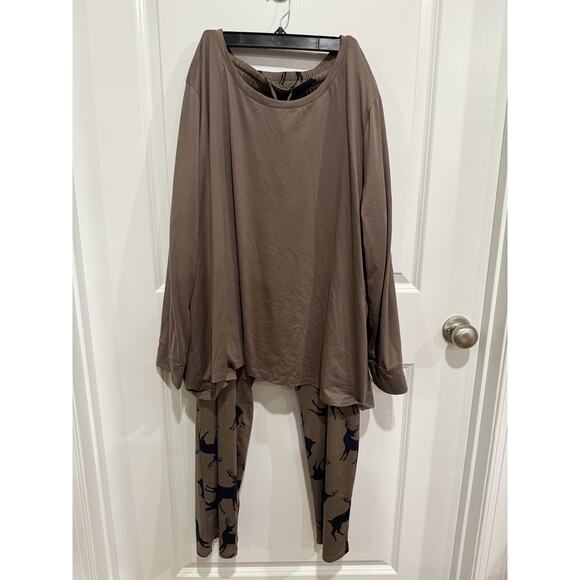 AnyBody Brushed Jersey Printed Sleep Set w/ Tie Waistband Taupe/Moose Sz 3XL - Picture 1 of 10